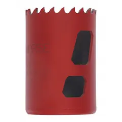 Bi-metal hole saw for cutting wood, metal, and plastic. 1 5/16 in diameter with 5/6 teeth per inch. Maximum cutting depth of 1 7/8 in. Requires compatible arbor.