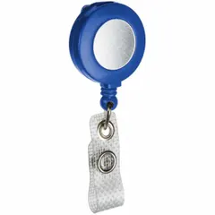 Retractable tether for securing ID badges, access cards, or keys. Blue housing with 1 1/4 in overall height and width. Supports both horizontal and vertical orientation with strap attachment. Suitable for use in facilities where credentials need to be kept accessible and secure.