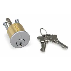 Chrome-finished rim cylinder for rim-type locksets. Includes two keys. Used for key-operated locking in commercial and industrial doors.