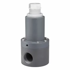 This PTFE pressure relief valve is designed for corrosive and ultra-pure liquid systems. It features 3/4 inch FNPT inlet and outlet connections. The valve provides overpressure and back-siphonage protection in piping systems handling aggressive fluids.