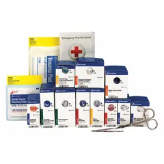 This bulk refill kit contains 94 components including 25 adhesive bandages, 10 hand sanitizer packets, and a cold pack. It is latex-free, meets ANSI/ISEA Z308.1-2021 Type I/II standards, and serves 50 people. Suitable for restocking compatible first aid kits in corporate office settings.
