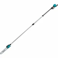 This battery-powered pole saw features a telescoping design that adjusts from 9 1/8 ft to 13 1/8 ft reach, allowing access to high branches from the ground. It operates on a 40 V battery and is suited for pruning and trimming overhead foliage in landscaping and property maintenance.