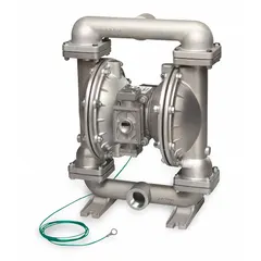 This natural gas-operated double diaphragm pump features an aluminum housing and a PTFE seat. It has a 1 1/2 in NPT connection, delivers up to 106 gpm, and achieves a maximum head of 231 ft. Typical applications include fluid transfer in industrial processes requiring self-priming operation.