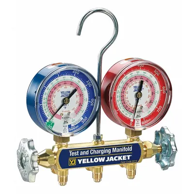 YELLOW JACKET Manifold Gauge: 2 Valves, 0 Hoses, Series 41, 3 1/8 in Gauge - Analog Manifolds