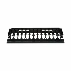 This 1U horizontal single-sided finger-style cable manager is constructed of black plastic and includes covers. It is designed for routing and organizing horizontal cable runs in network equipment racks. The unit has an overall depth of 6 1/4 inches.