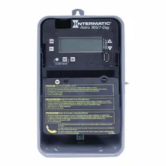 The INTERMATIC ET2815CR is a digital timer switch with a metal body for outdoor surface mounting. It features 7-day astronomic functionality that automatically adjusts schedules based on sunrise and sunset times. Suitable for controlling lighting or equipment in outdoor industrial or commercial settings.