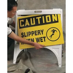 Plastic A-frame sign stand with four 30-1/2 in legs for rigid signs up to 18 x 24 in. Uses an insert-type connection; no cross-braces, spring-loaded mast, or flag holders. Suitable for temporary or semi-permanent signage in industrial facilities, construction zones, or parking areas.