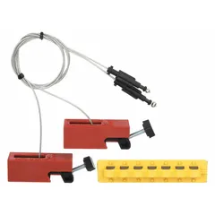 This clamp-on circuit breaker lockout is designed for 120/277V AC breakers that lack a hole in the switch tongue. It enables secure lockout/tagout procedures during electrical maintenance and servicing. The device does not include a cable tie slot.