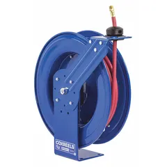 This large-frame spring-return hose reel is designed for air or water applications. It includes 100 ft of 3/8 in I.D. hose, a 3/8 in MNPT brass inlet, and a maximum operating pressure of 300 psi. The blue finish and movable arm allow flexible positioning in industrial or workshop settings.