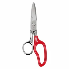 All-metal offset scissors with serrated, pointed stainless steel blades. Ambidextrous design accommodates left- and right-handed users. Overall length of 6-1/2 inches. Suitable for cutting wire in electrical, construction, and maintenance tasks.