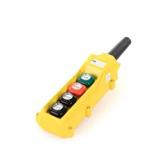 This push-button pendant features four momentary push buttons with On/Off legend, each with 1NO/1NC contacts. The thermoplastic enclosure meets NEMA 4/4X ratings, suitable for wet or corrosive environments. AC contact rating is 5 A at 125/240 V; DC contact rating is 0.4 A at 120 V. Dead-end hub style. Typical applications include remote control of cranes, hoists, and conveyors.