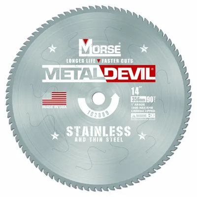 MORSE Circular Saw Blade: 14 in Blade Dia., 90 Teeth, 0.08 in Cut Wd, 1 in Arbor Size - Stainless Steel-Cutting Blades