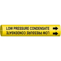 Yellow snap-on pipe marker with black legend reading 'Low Pressure Condensate' and directional arrows. Fits pipe outer diameter from 3/4 to 1-3/8 inches. Used to identify condensate return lines in steam and HVAC piping systems