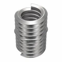 Screw-locking tangless helical insert for repairing or reinforcing internal threads in metal components. Features a #8-32 coarse right-hand thread, plain finish, and is made from 18-8 stainless steel with a tensile strength of 200,000 to 250,000 psi. The tangless design eliminates the need for a break-off tang, and the screw-locking element resists loosening under vibration. Supplied in a pack of 1,000 pieces.