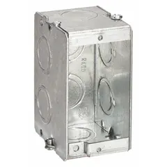 Steel masonry electrical box for embedding in concrete or block walls. 1-gang, 2-1/2 in depth, 3-7/8 in height, 2-3/16 in width. Without clamps or bracket.