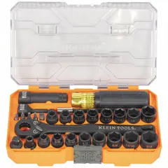 This 28-piece impact socket set includes both SAE and metric sizes with a 3/8 in drive and 6-point design. Metric sockets range from 8 mm to 17 mm. The KNECT™ system enables modular storage and organization. Suitable for use with impact wrenches and drivers in automotive, construction, and maintenance tasks.