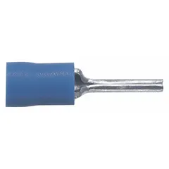 Insulated pin terminal with blue vinyl insulation and 0.07-inch pin diameter. Features a brazed seam for secure wire termination. Used for terminating stranded wire in control panels, industrial machinery, and electrical enclosures.