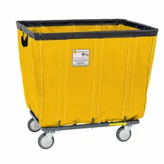 This assembled basket truck features a permanent antimicrobial and mildew-resistant vinyl liner in yellow. With a 24.9 cu ft capacity and 800 lb load rating, it is suited for transporting bulk materials, laundry, or industrial parts in warehouses and commercial facilities. Dimensions: 49 in L x 33 1/2 in W x 32 1/4 in H. Equipped with (4) swivel casters.