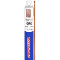 Carbon steel gas welding rods for oxy-fuel welding of mild steel in general fabrication, repair, and maintenance. Tensile strength as welded is 60 ksi. Rod dimensions: 5/32 in diameter, 36 in length. Packaged in a 1 lb tube