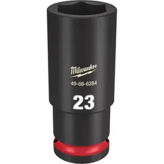 This 1/2" drive impact socket is a 23 mm metric, 6-point, deep configuration with friction retention. The black phosphate finish provides corrosion resistance. Designed for use with impact tools on heavy-duty fastening and loosening tasks.