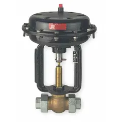This bronze pneumatic globe valve has a 1 in pipe size with FNPT x FNPT connections. It features a stainless steel disc and an air-to-spring actuator configured for fail-open operation. Suitable for flow regulation in industrial piping systems handling water, steam, or non-corrosive fluids.