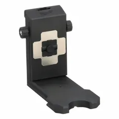 Nylon laser bracket in red finish. Overall height 5 3/16 in, width 3 3/8 in. Features 5/8”-11 thread for mounting to tripods or supports. Used to hold laser levels during alignment and layout tasks.