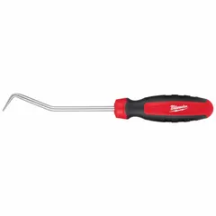 Single-end pick with a 45° angled tip, made from chrome vanadium steel with an anti-corrosion finish. Plastic handle provides a screwdriver-type grip. Used for removing and installing hoses, gaskets, and seals in automotive, plumbing, and industrial maintenance tasks.
