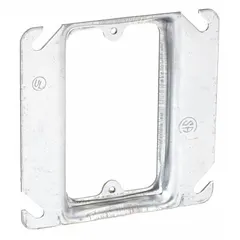 Steel plaster ring with raised cover design. Overall dimensions 4 by 4 inches, raised height 1/2 inch. Used to extend an electrical box to the finished wall surface for flush or raised device mounting in drywall or plaster installations.