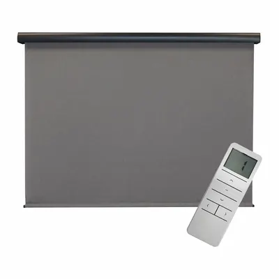 KEYSTONE FABRICS Sun Shade: Gray, 7 ft Valence Wd, Motor with Remote Control - Regal Series