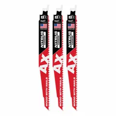 This 3-pack of reciprocating saw blades is designed for cutting nail-embedded wood in demolition and renovation. Each blade is 9 inches long and 0.05 inches thick, with a rigid construction and tapered geometry for straight cuts through lumber containing embedded nails.