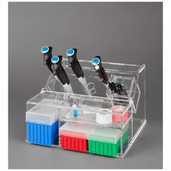 Clear acrylic lab organizer designed to hold single-channel pipettes. Overall height 8 1/8 in, overall length 12 1/2 in. Suitable for organizing pipettes in laboratory workspaces.