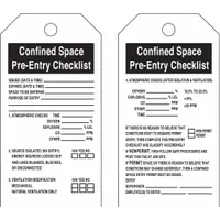 Black tags with white printing for documenting confined space pre-entry checks. Each tag includes fields for issued/expires date and time, space to be entered, purpose of entry, and atmospheric checks after isolation and ventilation. Fastened with a cable tie. 25 tags per pack