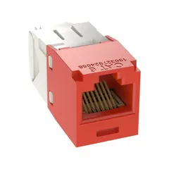 Single-port Category 6 RJ45 jack module in red housing for structured cabling systems. Compatible with copper wire. Used in commercial buildings, data centers, and industrial environments for high-speed data networks.