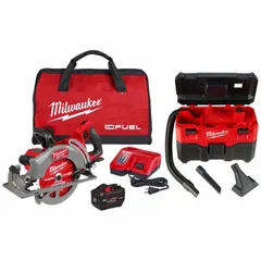 This kit includes an M18 18V DC circular saw and vacuum, both cordless and battery-powered. The circular saw is suited for cutting lumber, plywood, and similar materials on job sites. The vacuum enables immediate cleanup of sawdust and debris. Batteries are included for out-of-the-box operation.