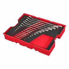 This 15-piece SAE 12-point ratcheting combination wrench set includes sizes from 1/4 in to 1 in. The wrenches feature a chrome finish and are designed for tightening and loosening fasteners in mechanical and maintenance tasks. The ratcheting box end allows for faster operation in confined spaces.