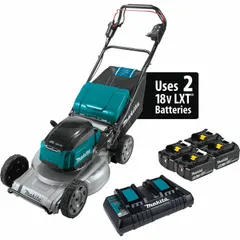 This battery-powered lawn mower features a 21-inch cutting width and a 60-minute run time. It offers variable speed settings and single-point cutting height adjustment. The aluminum deck is designed for durability. The kit includes a battery and operates on the LXT® battery platform.