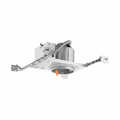 New construction recessed LED downlight housing with a 4-inch diameter. Operates on 120V AC and is non-dimmable. Designed for installation in new building projects for ambient or task lighting.