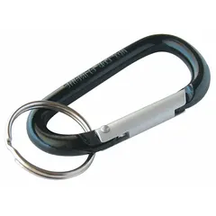 Aluminum carabiner with black finish, featuring a 1 1/8 in key ring diameter. Overall height 3 1/8 in, width 1 3/8 in. Sold in a 5-pack. Used for securing keys, tools, or small gear to belt loops or D-rings in industrial and outdoor settings.