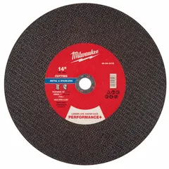 This MILWAUKEE Type 1 cut-off wheel is designed for general-purpose cutting of carbon and stainless steel. It features a 14" diameter, 1/8" thickness, and 1" arbor, with 30-grit aluminum oxide abrasive. Commonly used in fabrication, maintenance, and metalworking applications.