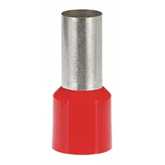 Insulated ferrule for terminating stranded wire into terminal blocks. Holds 1 wire, with a ferrule diameter of 0.35 in. Red polypropylene insulation sleeve. Used in industrial control panels and electrical distribution equipment.