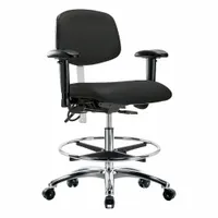 This cleanroom task chair is rated ISO 5 and ESD-Safe, featuring a vinyl seat and backrest with an aluminum base. It includes arms, foot support, and adjustable back tilt (10.5° forward, 13.5° backward) and seat tilt (8° forward, 3° backward). Height adjusts from 21 1/2 in to 29 in, with a 19 in seat width. Suitable for controlled environments requiring electrostatic discharge protection and low particle generation