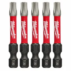 This 5-pack of T30 Torx impact bits features a hex shank for secure retention in impact drivers. Made from alloy steel, these bits are suited for driving Torx fasteners in applications requiring high torque, such as construction and automotive assembly.