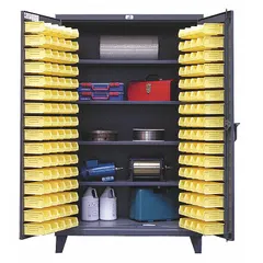 This assembled steel bin cabinet features a gray baked enamel finish and includes 96 yellow bins (94 bins measure 3 in x 4-1/8 in x 7-3/8 in) and four shelves. The 12 ga panel supports organized storage of small parts, tools, and hardware in industrial workshops, warehouses, and maintenance facilities.