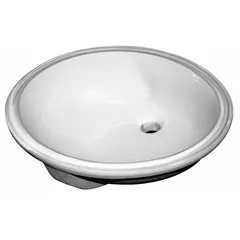 White ceramic undermount bathroom sink with zero faucet holes, intended for use with wall-mounted or deck-mounted faucets. Overall length 19-1/2 inches, overall width 16-1/2 inches. Includes mounting hardware. Suitable for commercial or institutional restroom installations where a seamless countertop appearance is desired.