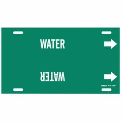 Strap-on pipe marker with green background and white legend reading 'Water', including directional arrows. Fits pipe outer diameters from 8 to 9-7/8 inches. Used for identifying water piping systems in industrial facilities.