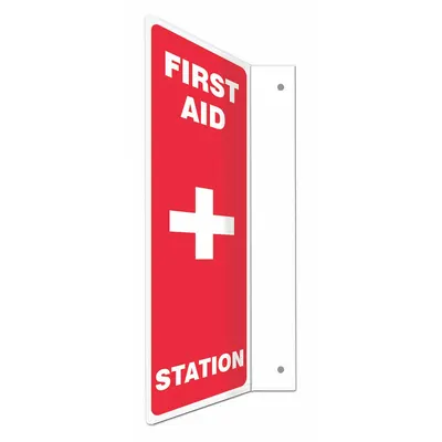 CONDOR Safety Sign: PETG, Mounting Holes Sign Mounting, 12 in x 4 in Nominal Sign Size - L-Shape Projection First Aid Station Signs