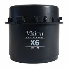 Objective lens providing 6X optical magnification for fixed stereo microscopes. Compatible with VISION ENGINEERING MIH001 model. Working distance of 74 mm. Used for detailed inspection and assembly tasks.