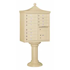 Horizontal multi-unit mailbox with 13 lockable front-access doors. Measures 71 3/4 in H x 31 in W x 18 1/2 in D. Designed for pedestal mounting. Suitable for centralized mail distribution in multi-tenant residential or commercial buildings.