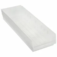 This clear plastic shelf bin is designed for organizing small parts, components, or tools in industrial, workshop, and retail settings. The transparent construction allows quick visual identification of contents. Nesting capability enables space-saving storage when bins are not in use. Overall length 23 5/8 in, dimensions 8 3/8 in x 4 in. Not electrostatic discharge conductive; dividers not included.