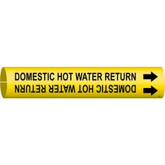 Snap-on pipe marker for identifying domestic hot water return lines. Yellow background with black legend text and directional arrows. Fits pipe outer diameters from 3/4 to 1-3/8 inches. Used in industrial facilities for clear pipe identification.